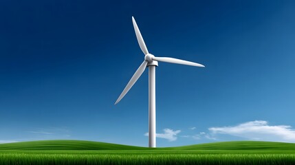 Fototapeta premium A single wind turbine stands prominently against a clear blue sky, overlooking a vast, rolling green countryside with lush vegetation.