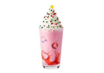 Festive pink strawberry smoothie decorated with a Christmas tree design of whipped cream and sprinkles.
