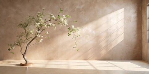 Serene Minimalist Interior Featuring a Blossoming Branch in a Simple Wooden Container Against a Textured Wall with Sunlight Streaming Through a Window