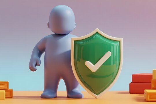 A stylized 3d character stands protectively holding a bright green shield with a white checkmark symbolizing security safety and protection against threats or challenges