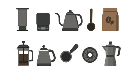 Coffee equipment flat icon set. barista tools collection for cafe and kitchen essentials