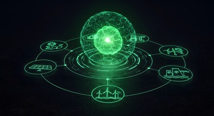 Abstract digital illustration of interconnected sustainable energy sources.