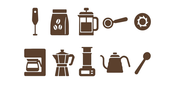 Coffee brewing silhouette icon set. espresso, french press, coffee pot silhouette icons