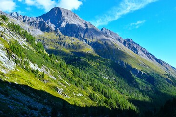 Obraz premium Mountains above Dorfertal in High Tauern with conifer forest covering the slopes bellow in Tyrol, Austria