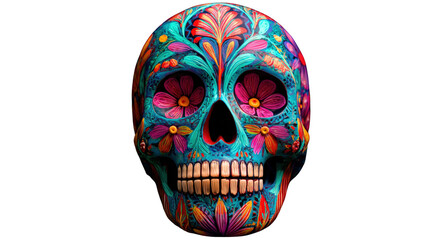 Colorful Sugar Skull with Floral Design, Day of the Dead Decoration, Isolated on Black Background, Vibrant and Festive Art