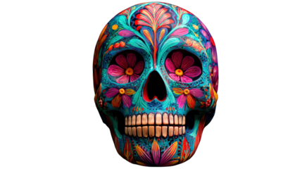 Colorful Sugar Skull with Floral Design, Day of the Dead Decoration, Isolated on Black Background, Vibrant and Festive Art