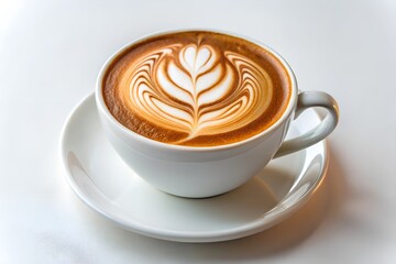 Cup of cappuccino with latte art on white background, a delicious coffee