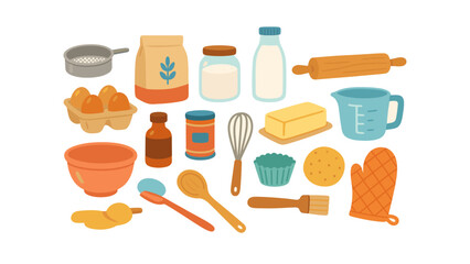 Baking, cooking flat icon set. essential kitchen utensils and ingredients collection