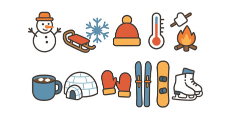 Winter activities flat icon set. snow, holiday, sports icons collection for winter fun