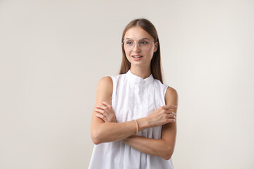Portrait of beautiful woman on white background