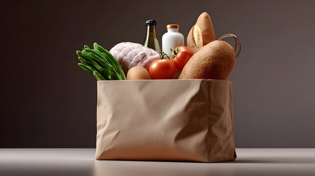 A paper shopping bag containing an assortment of fresh vegetables, fruits, bread, dairy products, and condiments, representing a typical grocery haul.
