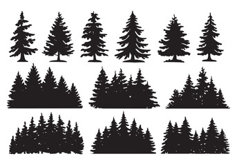 Fototapeta premium Collection of diverse pine tree silhouettes for natural and forest scene designs white background