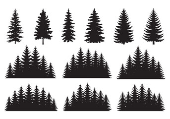 Fototapeta premium Collection of diverse pine tree silhouettes representing forest and woodland scenes white background