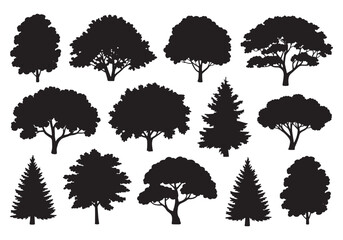 Collection of diverse tree silhouettes isolated on white representing nature and forest elements white background