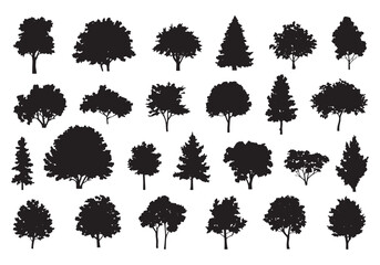 Collection of diverse tree silhouettes in various shapes and sizes for natural design elements white background