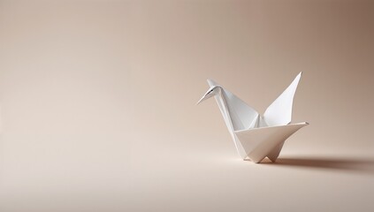 Naklejka premium White Origami Crane on Warm Beige with Wide Copy Space