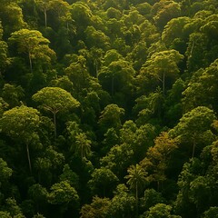 Naklejka premium Lush green canopy of rainforest trees creating a dense, vibrant natural landscape in warm sunlight