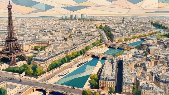 Paris Cityscape: Artistic Aerial View with Eiffel Tower and Seine River