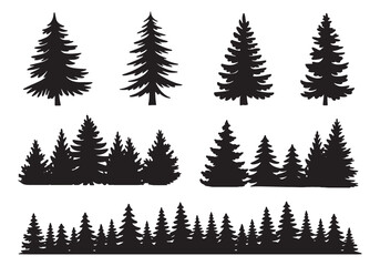 Obraz premium Silhouette forest collection set of evergreen trees for nature landscape design elements white background