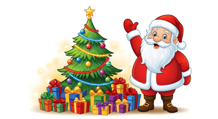 Cartoon illustration of Santa Claus waving beside a Christmas tree and gifts cheerfully