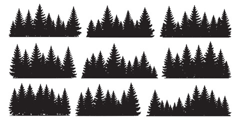 Fototapeta premium Nine silhouettes of dense evergreen forest tree lines for nature backgrounds white background