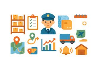 Delivery and logistics flat icon set: shipping, transport, management visuals collection
