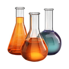 Three flasks with colorful liquids isolated on transparent background in studio shot