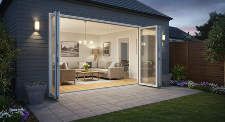 A modern deck with a seamless transition from indoor to outdoor living: a fully open bi-fold glass door leads to a patio with an identical porcelain tile floor and a continuation of the living room de