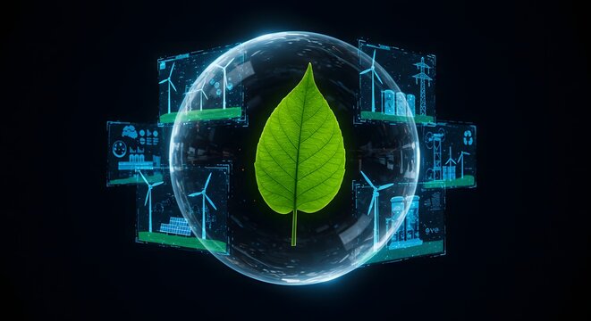 A vibrant green leaf inside a glowing sphere, surrounded by wind turbines and digital displays. - Powered by Adobe