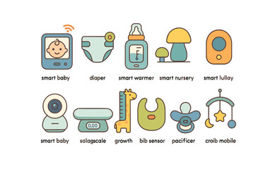 Naklejka premium Smart baby flat icon set: nursery, diaper, pacifier, lullaby, growth devices
