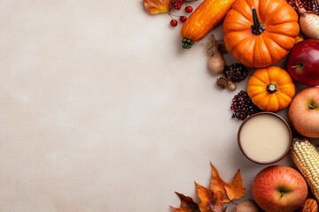 Fototapeta premium Autumn vegetables and colors, autumn mood and neutral background. Generative AI