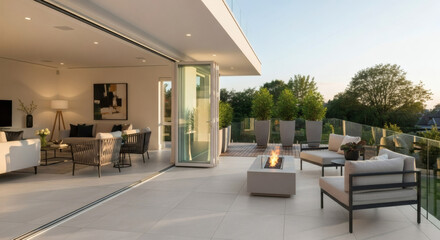 A modern deck with a seamless transition from indoor to outdoor living: a fully open bi-fold glass door leads to a patio with an identical porcelain tile floor and a continuation of the living room de