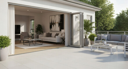 A modern deck with a seamless transition from indoor to outdoor living: a fully open bi-fold glass door leads to a patio with an identical porcelain tile floor and a continuation of the living room de