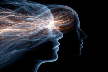 Obraz premium Two ethereal heads connected by glowing energy streams a visual representation of mental connection or shared consciousness