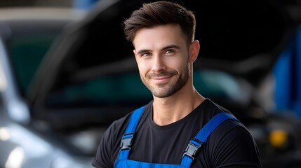 Portrait of a young, confident mechanic in a blue uniform standing in front of a car at an auto repair garage.