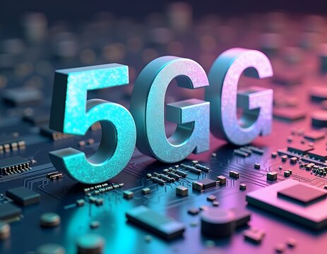 Metallic five g letters on electronic circuit board technology digital - Powered by Adobe