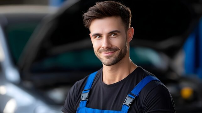 Portrait of a young, confident mechanic in a blue uniform standing in front of a car at an auto repair garage.