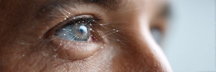 Cybernetic eye revealing neural network mapping, glowing digital connections illustrating advanced technological consciousness merging human perception with artificial intelligence visualization