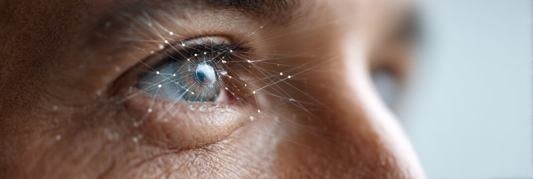 Cybernetic eye revealing neural network mapping, glowing digital connections illustrating advanced technological consciousness merging human perception with artificial intelligence visualization