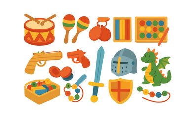 Toys and games flat icon set. childhood, fun playthings in flat graphic style