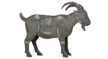 Obraz premium FARMING - Rusty metal goat sculpture statue isolated on white background, perfect for garden decoration or rustic art projects
