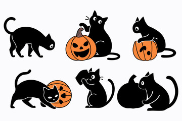 Halloween Black Cats with Pumpkins Clipart &ndash; Cute Spooky Cat and Jack-o&rsquo;-Lantern Illustrations