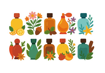 Aromatherapy and essential oils flat icon set. lavish botanical collection