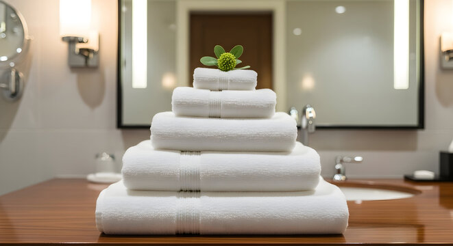 Luxurious stacked towels with decorative greenery in an elegant bathroom setting