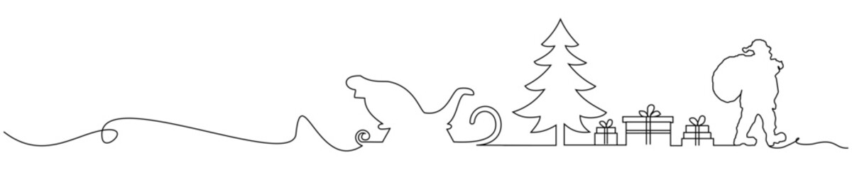 line art of santa claus ornaments, gifts, and christmas trees