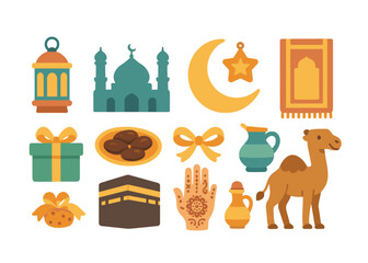 Islamic culture flat icon set. mosque, ramadan, eid, and prayer symbols collection.