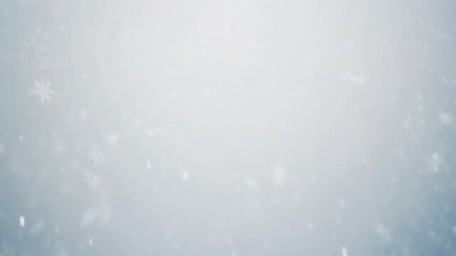 A slow motion shot of snowflakes gently falling in front of a soft white background with delicate motion and minimal shadows to create a peaceful winter season atmosphere for holiday content