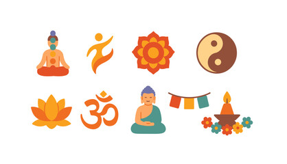 Fototapeta premium Yoga and meditation flat icon set. wellness, mindfulness, spiritual symbols collection