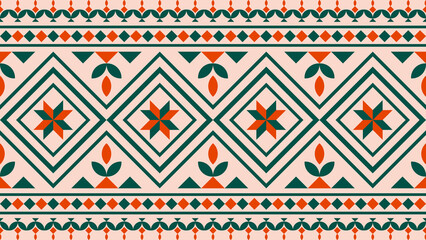 Seamless Aztec ethnic pattern in green and red on a light pink background. Vector ethnic illustration. Illustration for fabric print, background, tribal, ethnic.