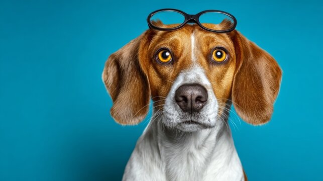 A dog wearing glasses is staring at the camera. The dog's eyes are yellow and it has a serious expression - Powered by Adobe
